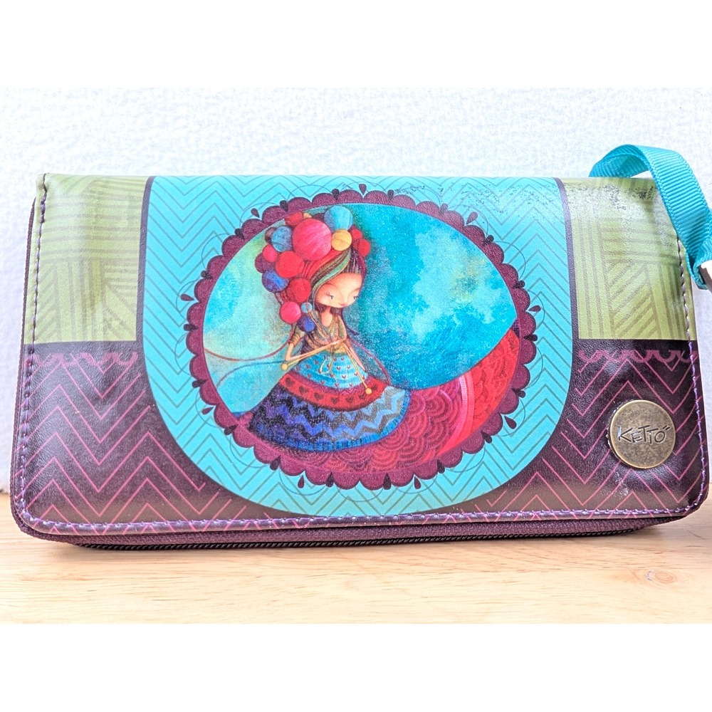 Ketto Tricoti-tricota Zip Around Wallet Teal Purple Balloon Girl Whimsical NWT